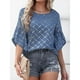 thumbnail image 5 of Blusa de manga corta con cuello redondo y volantes para mujer Camisa estampada Camisa suelta de verano Azul XL, 5 of 6