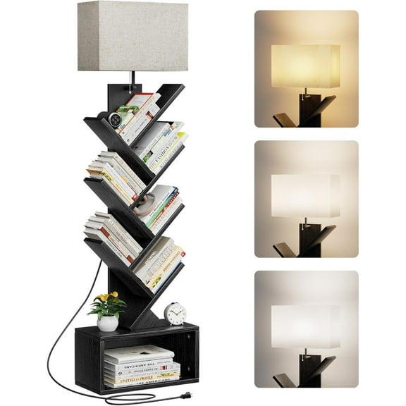 6 Tier Tree-Style Bookshelf with Light, Narrow Tall Floor Standing Book Organizer for Living Room, Bedroom & Home Office-Rustic Brown, Includes Storage Cabinet
