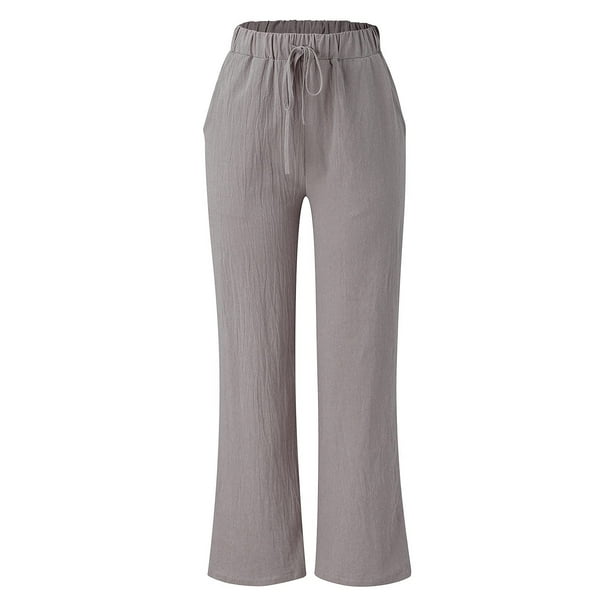 Womens Elastic Waist Linen Pants Cut Out Bottom Wide Leg Loose Beach Pants  with Pockets Plus Size Boho Trousers (XX-Large, White)