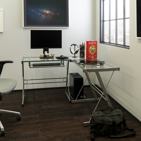 Walker Edison - 52" L-Shaped Modern Glass Corner Computer Desk - Silver