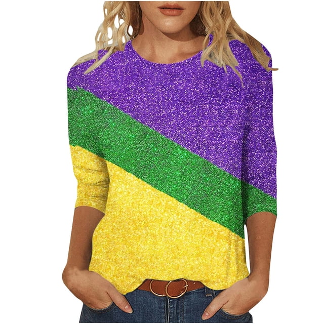 Meichang Femmes Grande Taille T-Shirts à Manches 3/4 Tendance à Blocs de Couleur Imprimé Tunique T-Shirt Détente Mignon Col Rond Hauts Légers Extensibles Manches Trois Quarts Haut de Vacances, P-5TG