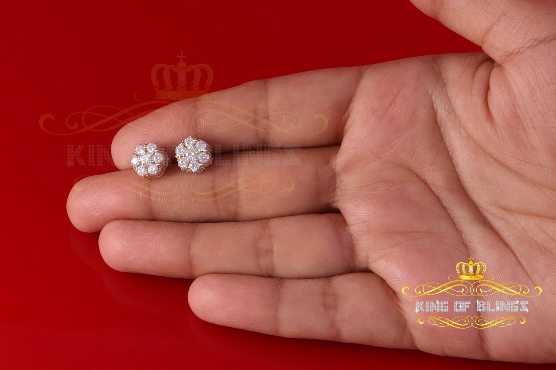 King of Bling's 925 Silver Yellow 1.50ct VVS 'D' Men's & Womens Moissanite Floral Stud Earrings