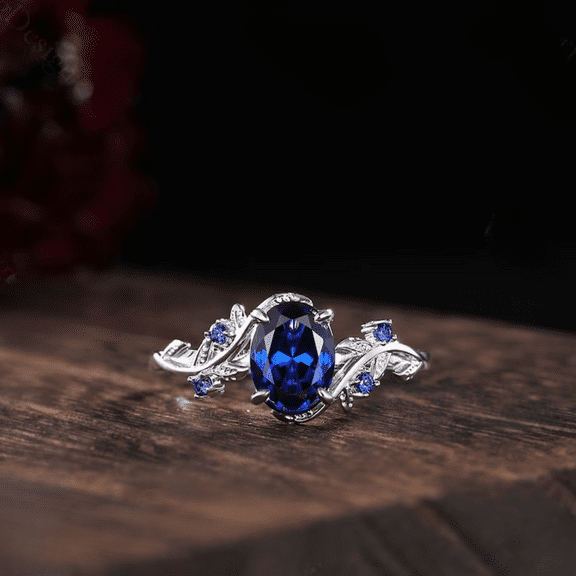 Oval Cut Blue Sapphire Nature inspried Wedding Ring in 925 Sterling Silver - September Birthstone