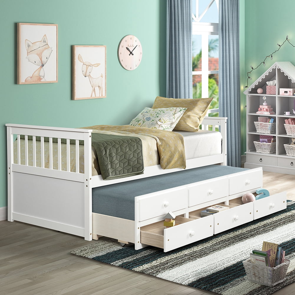 Lowestbest Solid Wood Captain's Bed, Twin Daybed with Trundle Bed and 3 Storage Drawers