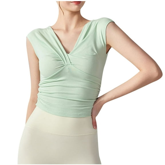 VBVC No Boundarie Women's Cross Wrap Yoga Tank Top,Womens Short Sleeve Cropped Tops,Workout V-Neck Slimming T Shirts Going Out For Women,*Green,Size L