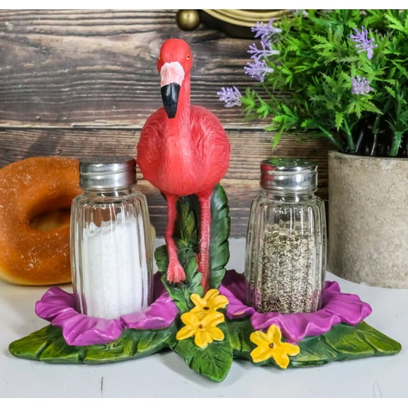 Ebros Tropical Paradise Pink Flamingo Holder W/ Salt & Pepper Shaker Set 7.25" L