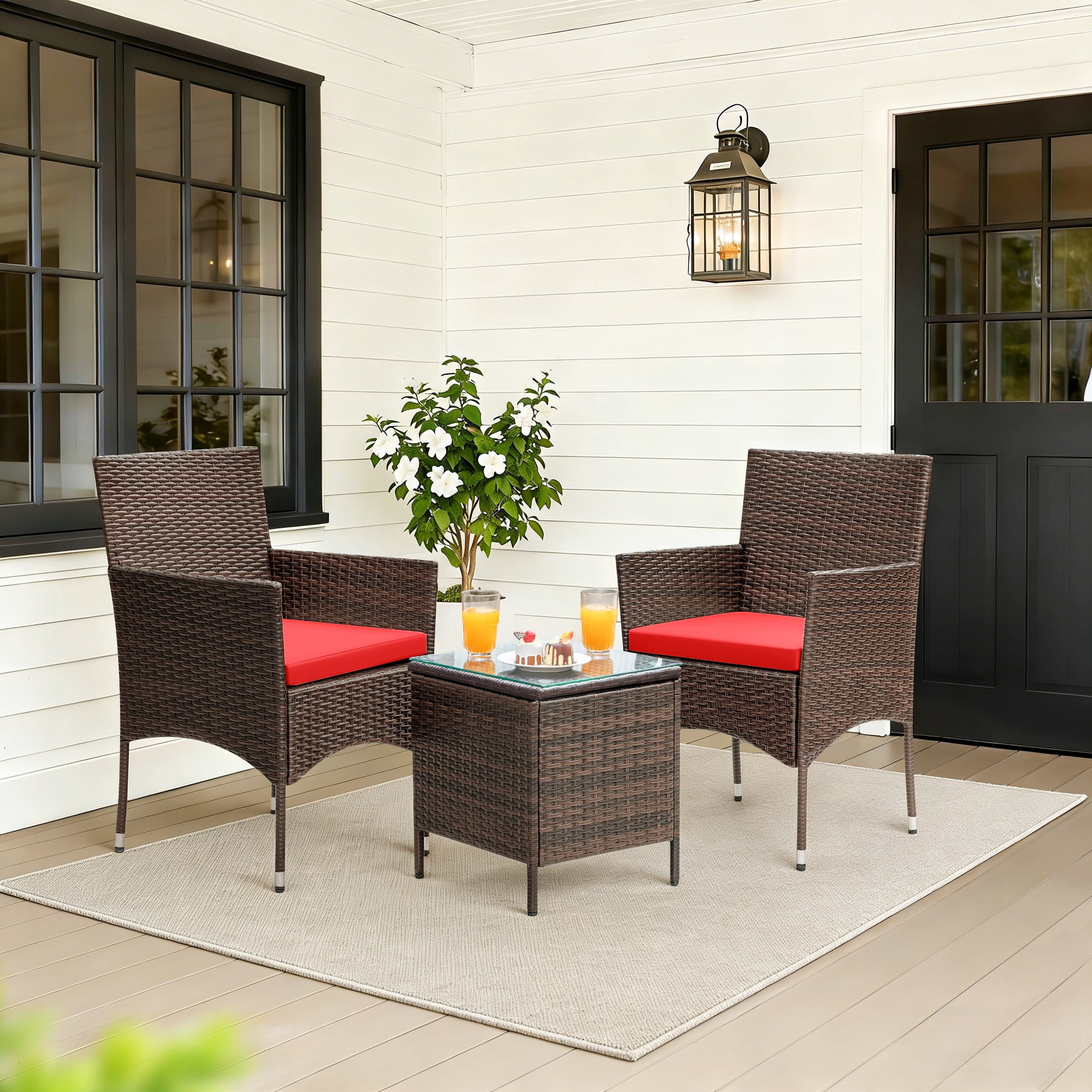 Lacoo 3 Pieces Outdoor Patio Furniture Gray PE Rattan Wicker Table and Chairs Sets Bar Set with Cushioned Tempered Glass , Brown / Red