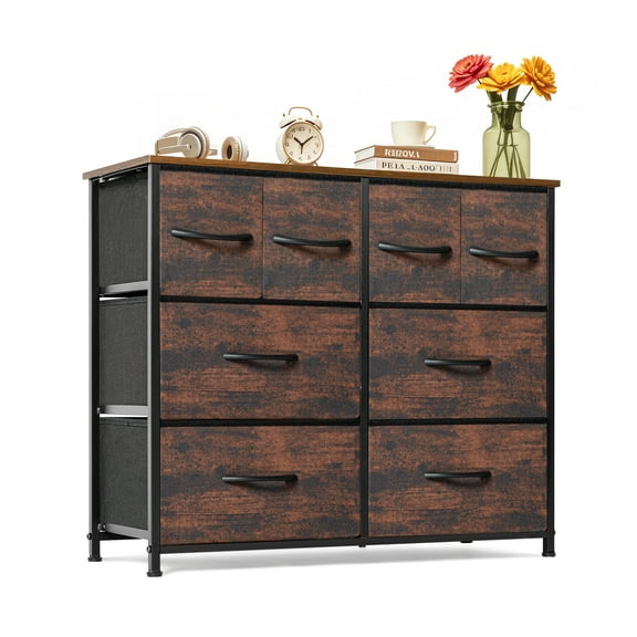 Dresser for Bedroom with 8 Drawers, Wide Chest of Drawers, Fabric Dresser, Storage Organizer Unit with Fabric Bins for Closet, Living Room, Hallway, Rustic Brown
