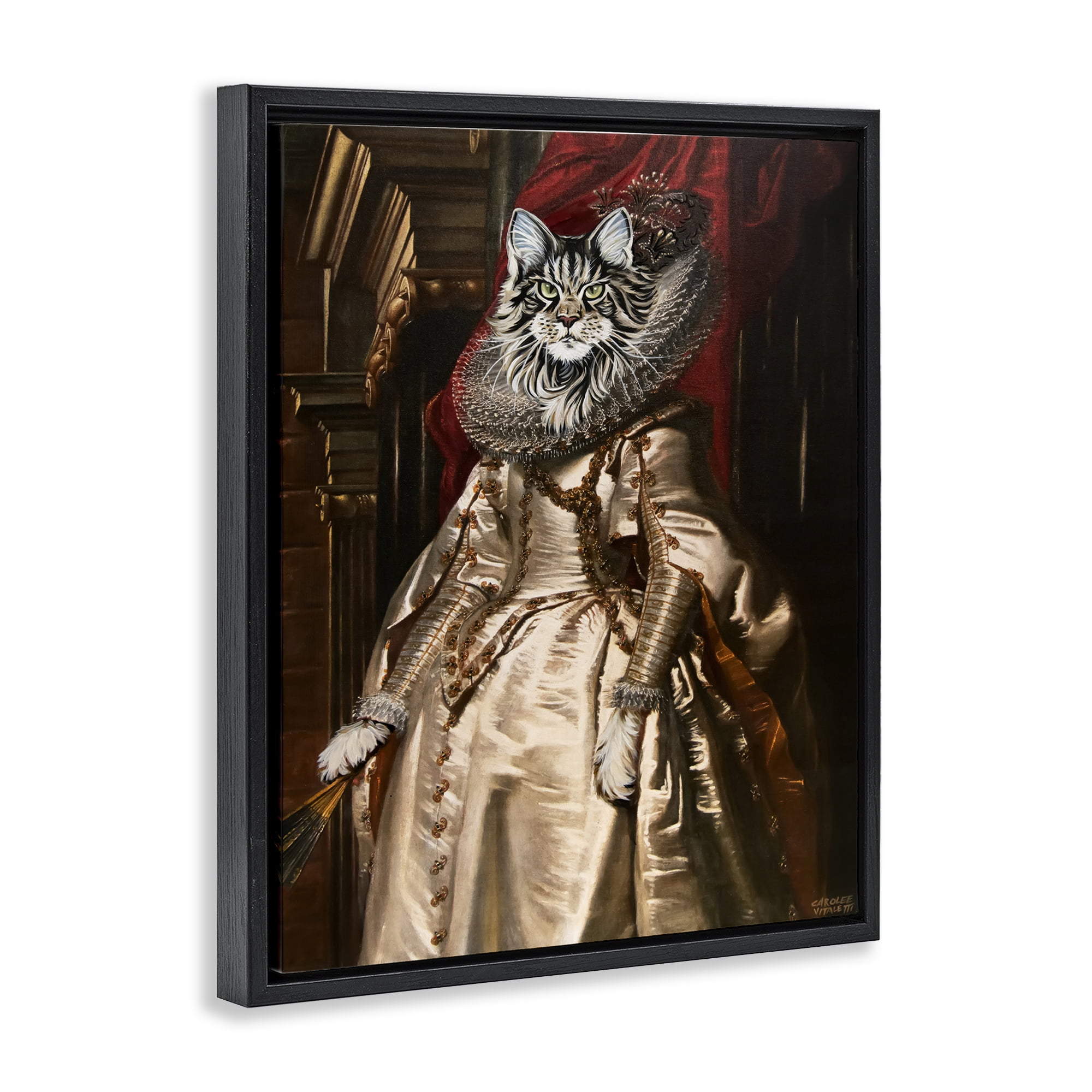 Stupell Industries Renaissance Cat Portrait History & Language Painting Black Floater Framed Canvas Art Print Wall Art, 17 x 21