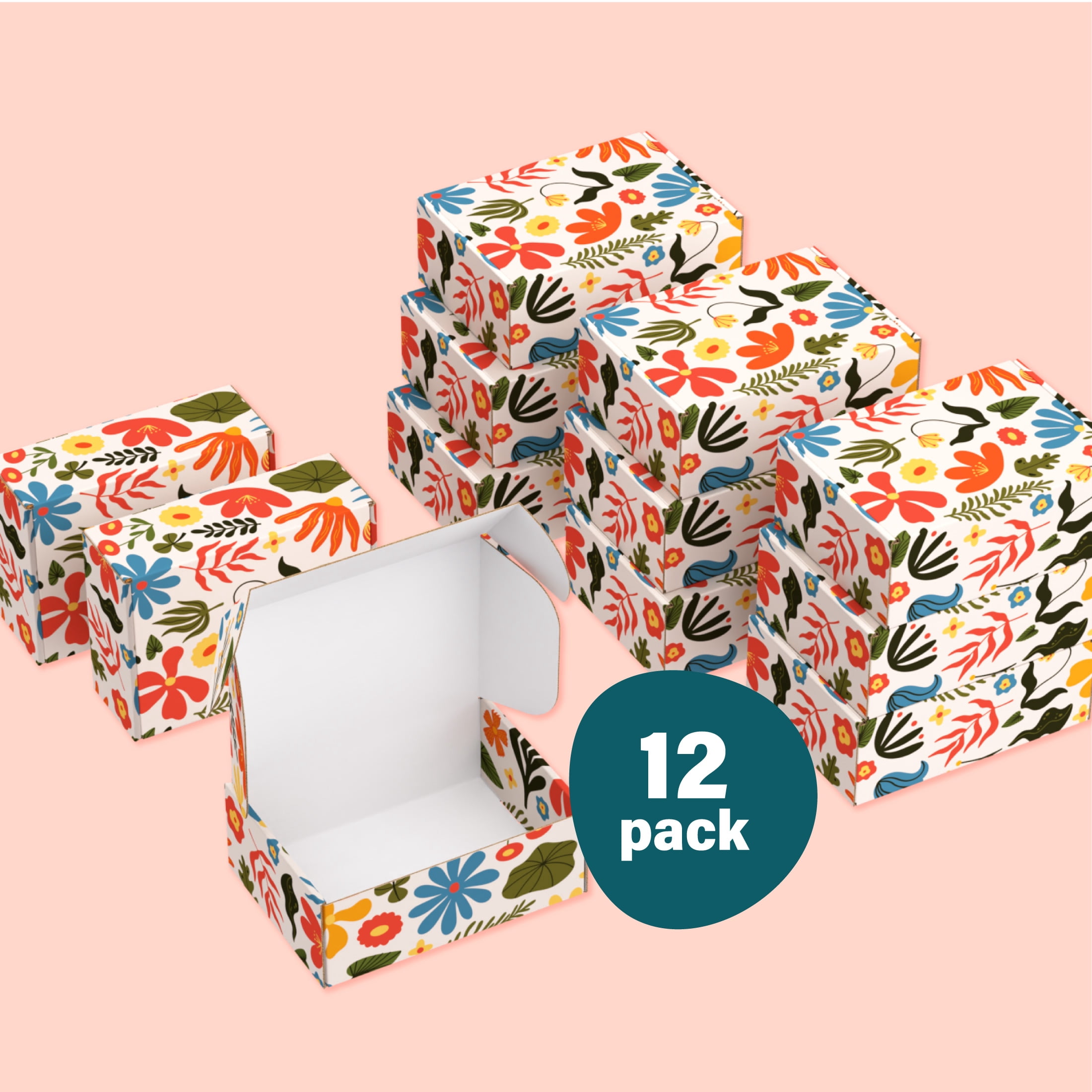 Decorative Flower Print Shipping Boxes, Tuck Top 12-Pack, 8” x 6” x 3”