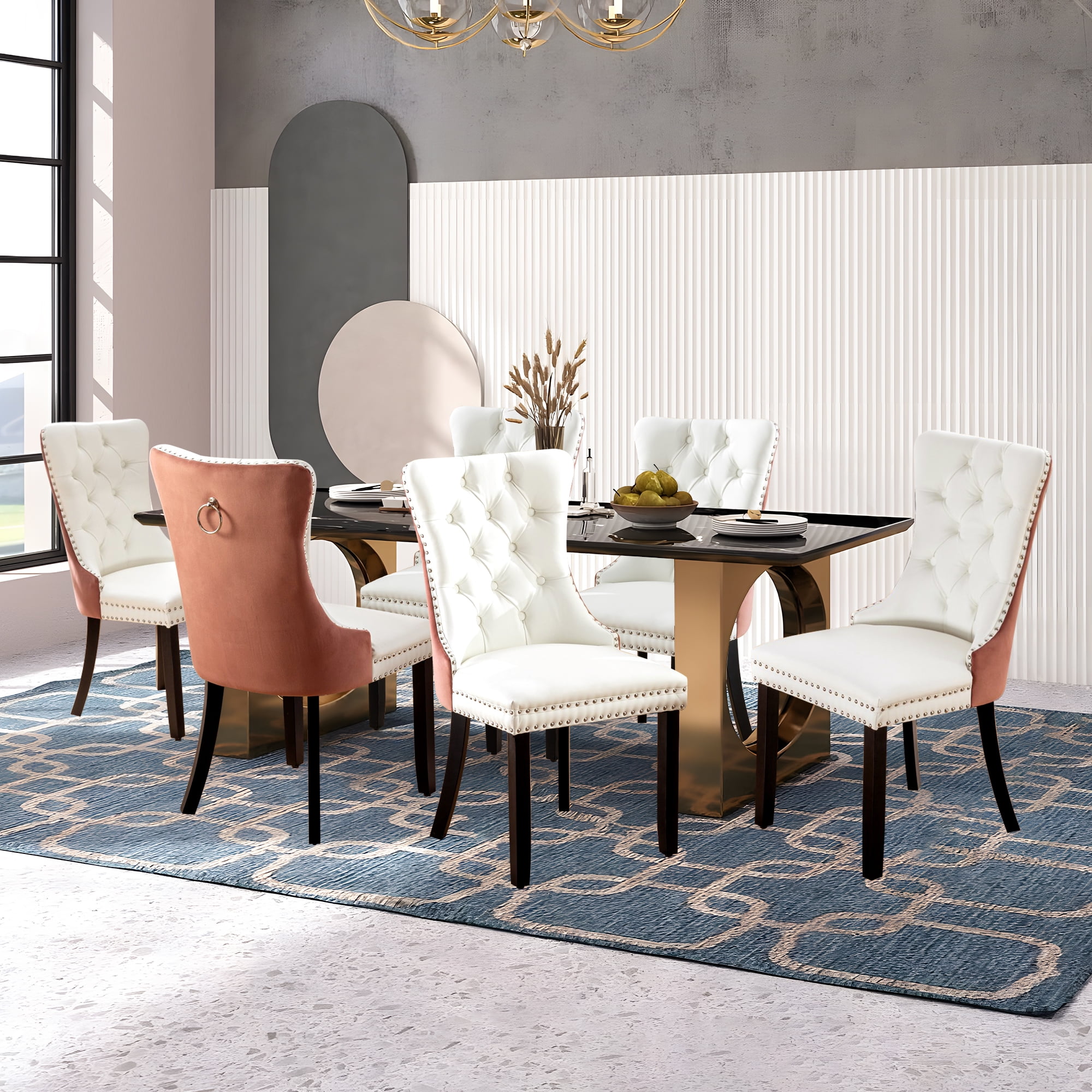 DONICK Velvet White Pink Upholstered Dining Chairs Set of 6, Kitchen & Dining Room Chairs Nailheads Tufted Soft Solid Wood Frame