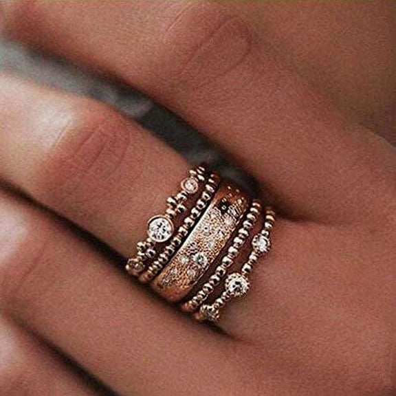 Zhuge 5Pcs/Set Crystal Rose Gold Stackable Ring 5 Sparkly Rings Vintage Boho Jewelry (9)
