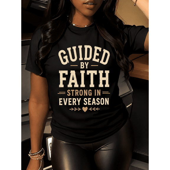 Women's Guided By Faith Strong In Every Season Inspirational Christian Graphic T-Shirt, Vintage Faith-Based Casual Short Sleeve Tee