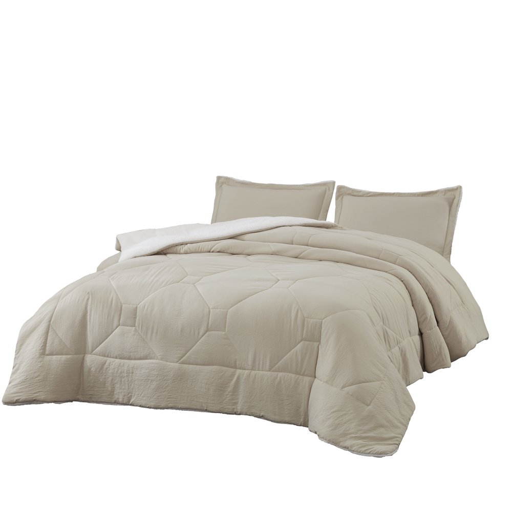 2pc Comforter Set Quilted Sherpa Fleece Winter Cozy Soft Bed Cover Warm Fuzzy Soft Plush Throw