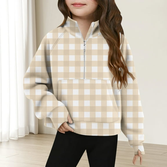 SGFCWSX Girls Fleece Pullover Fashion Plaid Print Zipper Sweatshirt Kids Thermal Sweatshirts Beige Size 11 Years