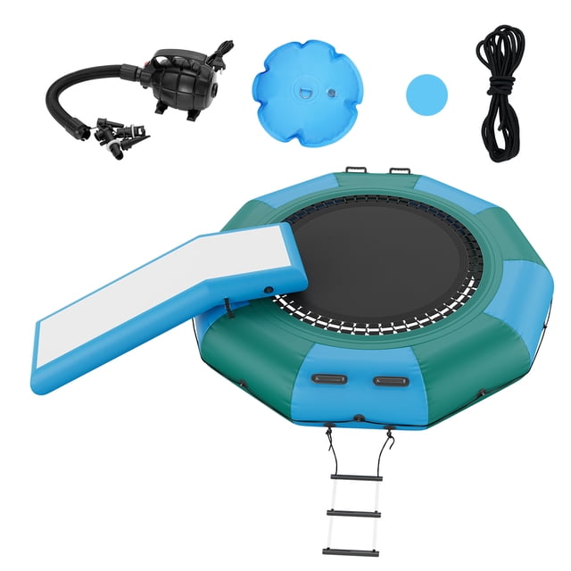 VEVOR Inflatable Water Bouncer, 10ft Recreational Water Trampoline, Portable Bounce Swim Platform with Slide, 3-Step Ladder & Electric Air Pump,
