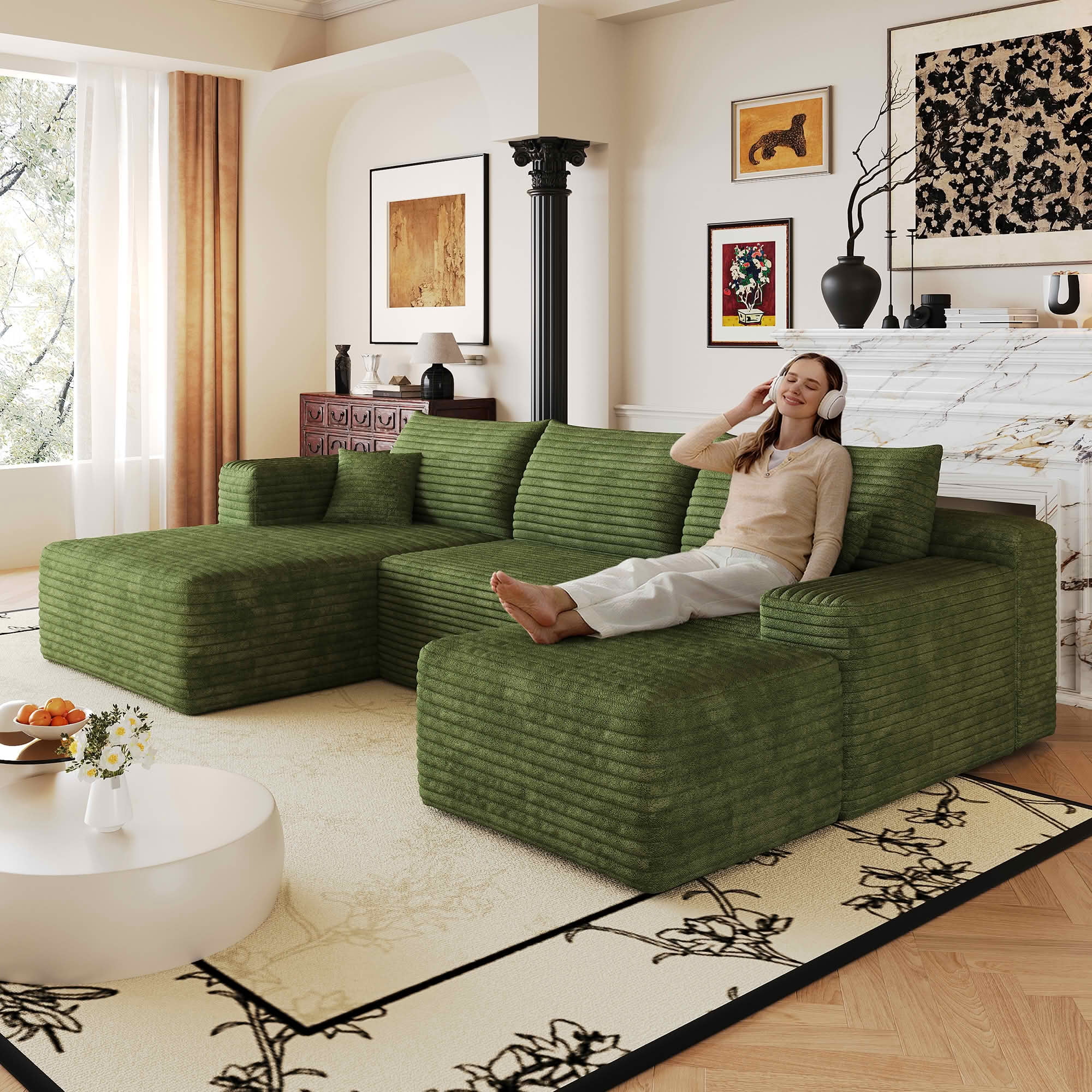 MAYEERTY 103 Inch Cloud L Shaped Sectional Sofa, Plush Corduroy Deep Seat Corner Couch, No Assembly Modern Minimalist Sofa for Living Room Apartment