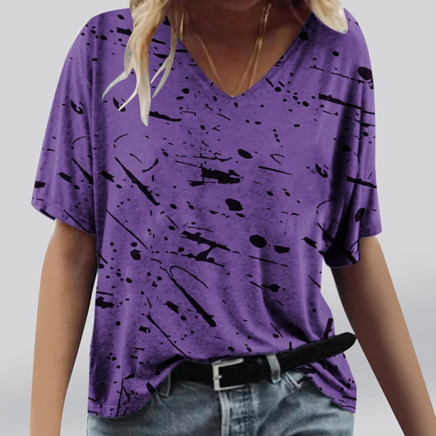 Fiudx Ropa de Mujer Camisetas Holgadas de Manga Corta con Cuello En V Informales con Estampado de Moda para Mujer