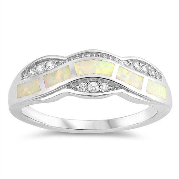 White Simulated Opal Cubic Zirconia Wavy Designer Ring Sterling Silver Size 5