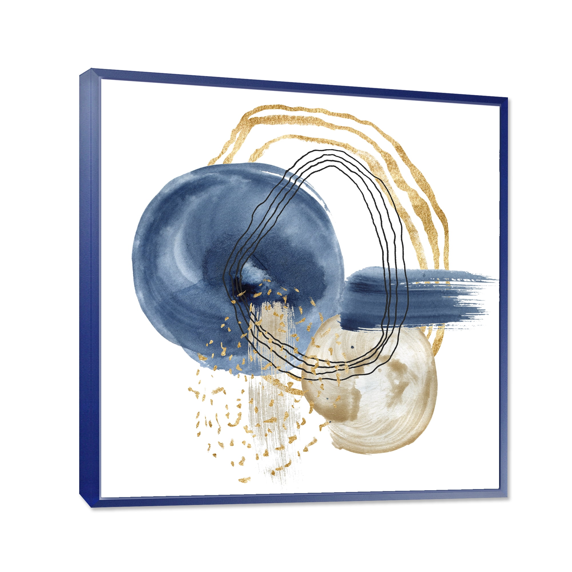 Designart 'Abstract Black and Dark Blue Gold Underwater Life' Modern Framed Canvas Wall Art Print
