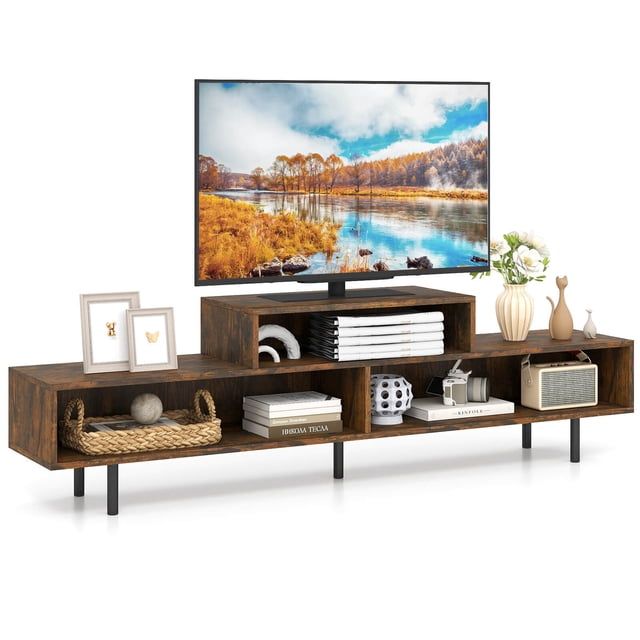 Costway TV Stand, 63” Long Entertainment Center with Open Storage Shelves for TVs up to 70” Rustic Brown