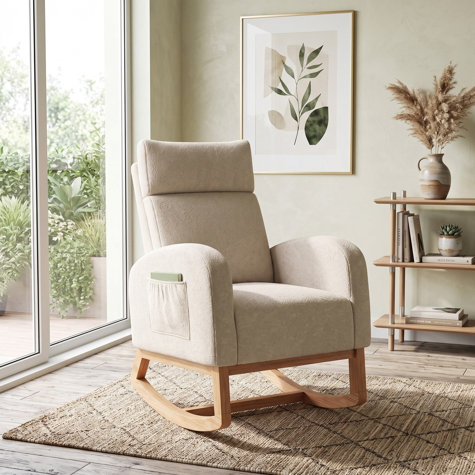 Furnibear Nursery Rocking Chair, Upholstered Chenille Rocker Armchair with Rubber Wood Frame, Ergonomic Glider Chair with Side Pocket for Living Room Bedroom, Beige
