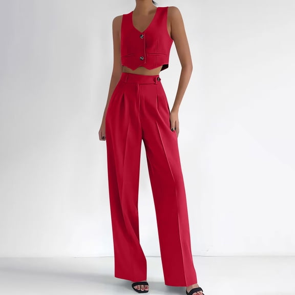 Xuyuer Women's V-Neck Vest Long Pants Wide Leg Solid Casual Set - Matching Outfit, Pants for Women