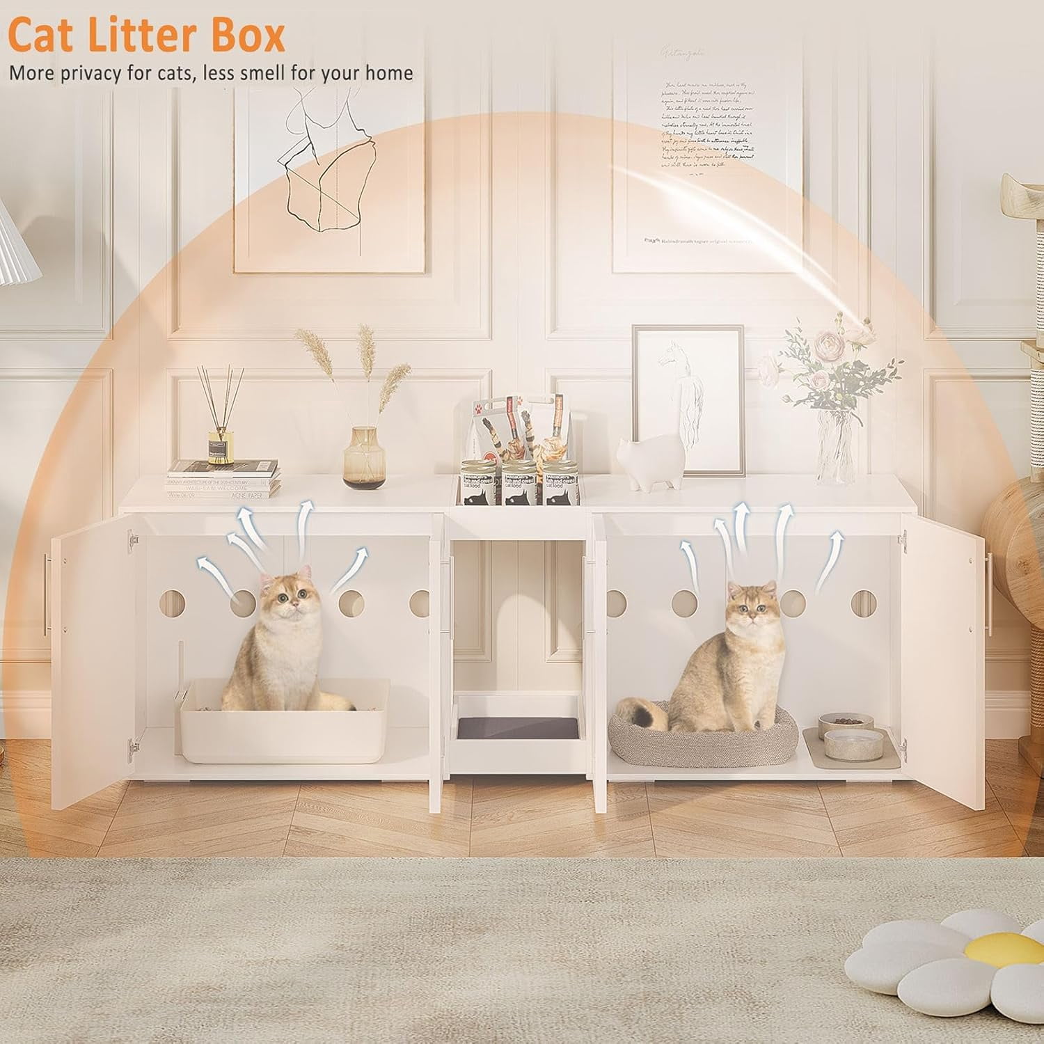 Garvee Large Cat Litter Box Enclosure 55" for 2 Cats, Hidden Cat Litter Box Cabinet Furniture with Double Room, Cushion, and Storage Shelf, Wooden Kitty Litter Box for Home, White