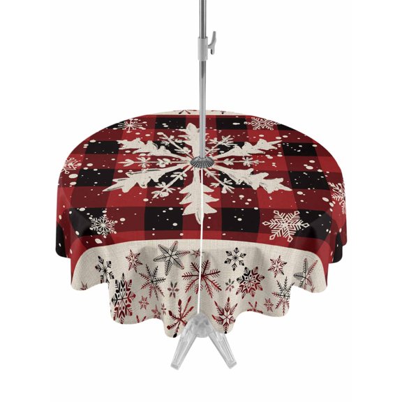 Outdoor Tablecloth with Umbrella Hole and Zipper, Christmas Snowflakes Round Table Cloth 54 Inch Waterproof Tablecloth, Xmas Winter Vintage Red Plaid Picnic Table Cover for Patio Camping