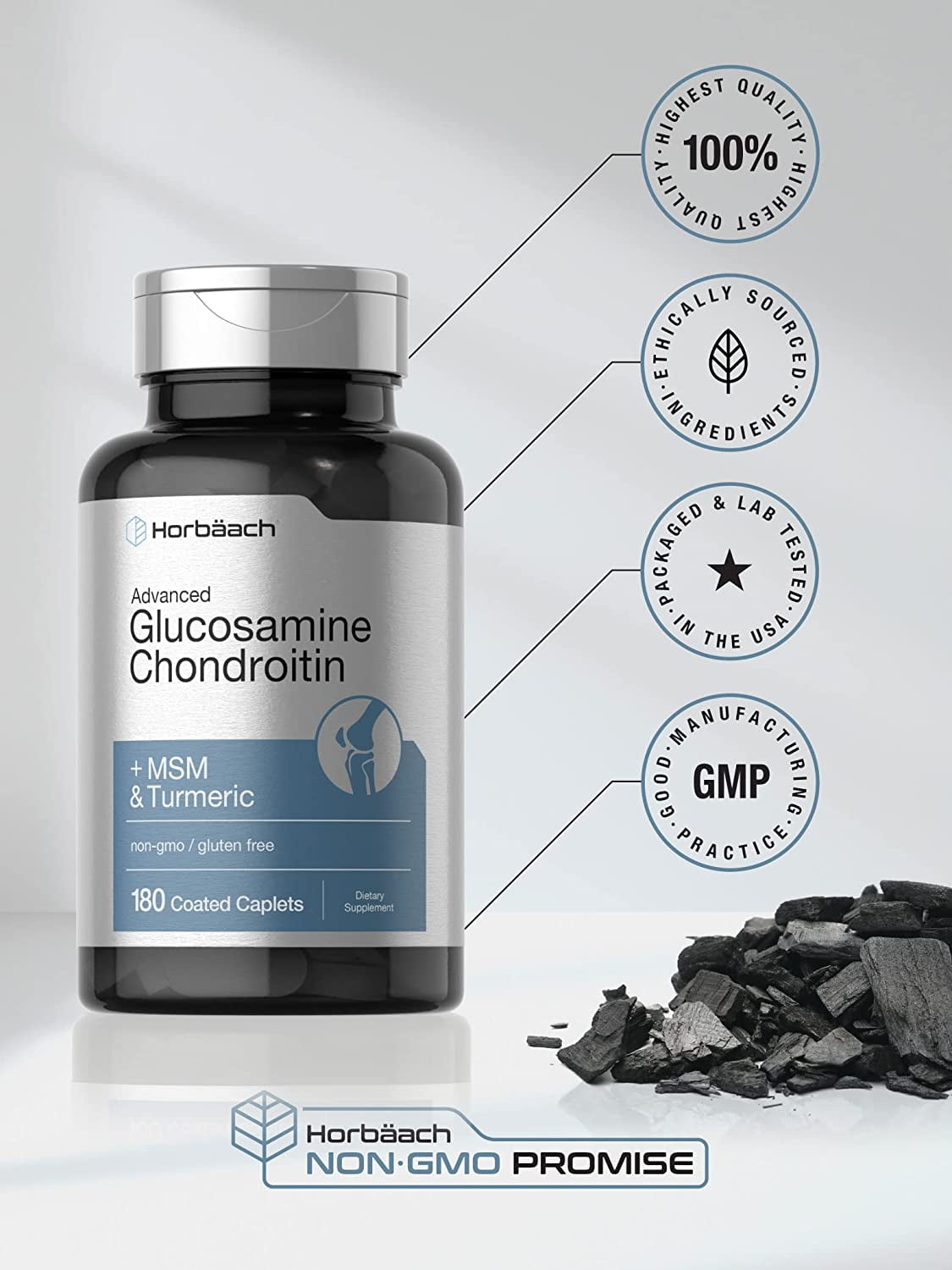 Glucosamine Chondroitin | Plus MSM & Turmeric | 180 Coated Caplets | by Horbaach