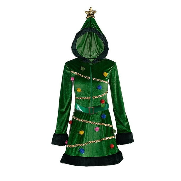Shuttle tree Women Christmas Tree Dress Hooded Green Velvet Sequin