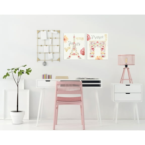 Pink and Gold Paris Eiffel Tower & Arc de Triomphe Floral Teen/Adult Decor ; 2 - 11" x 14" Unframed Prints