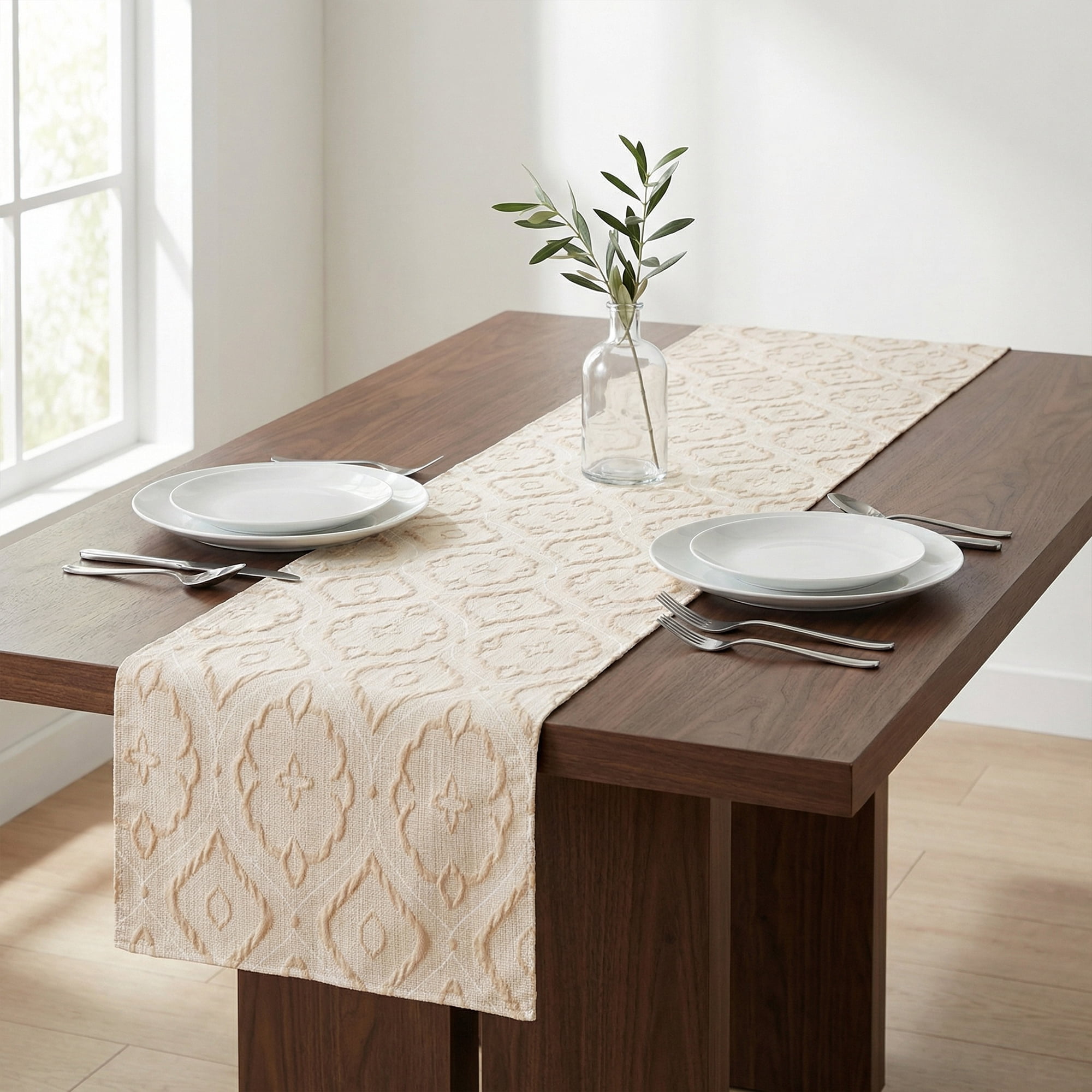 Unique Bargains Long Washable Polyester Runner Table Runner for Table Beige 13.8"x63"