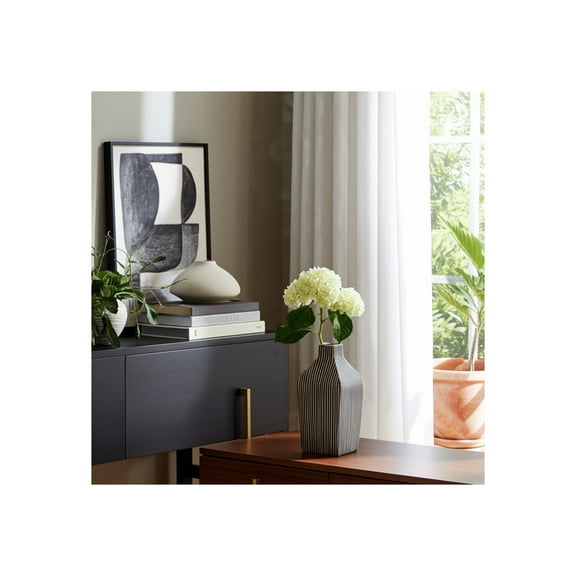 Modern Stoneware Decorative Vase - Striped Pattern - Minimalist Home & Office Accent - Stylish Ceramic Flower Holder for Bedroom & Living Room - 8" Black & White