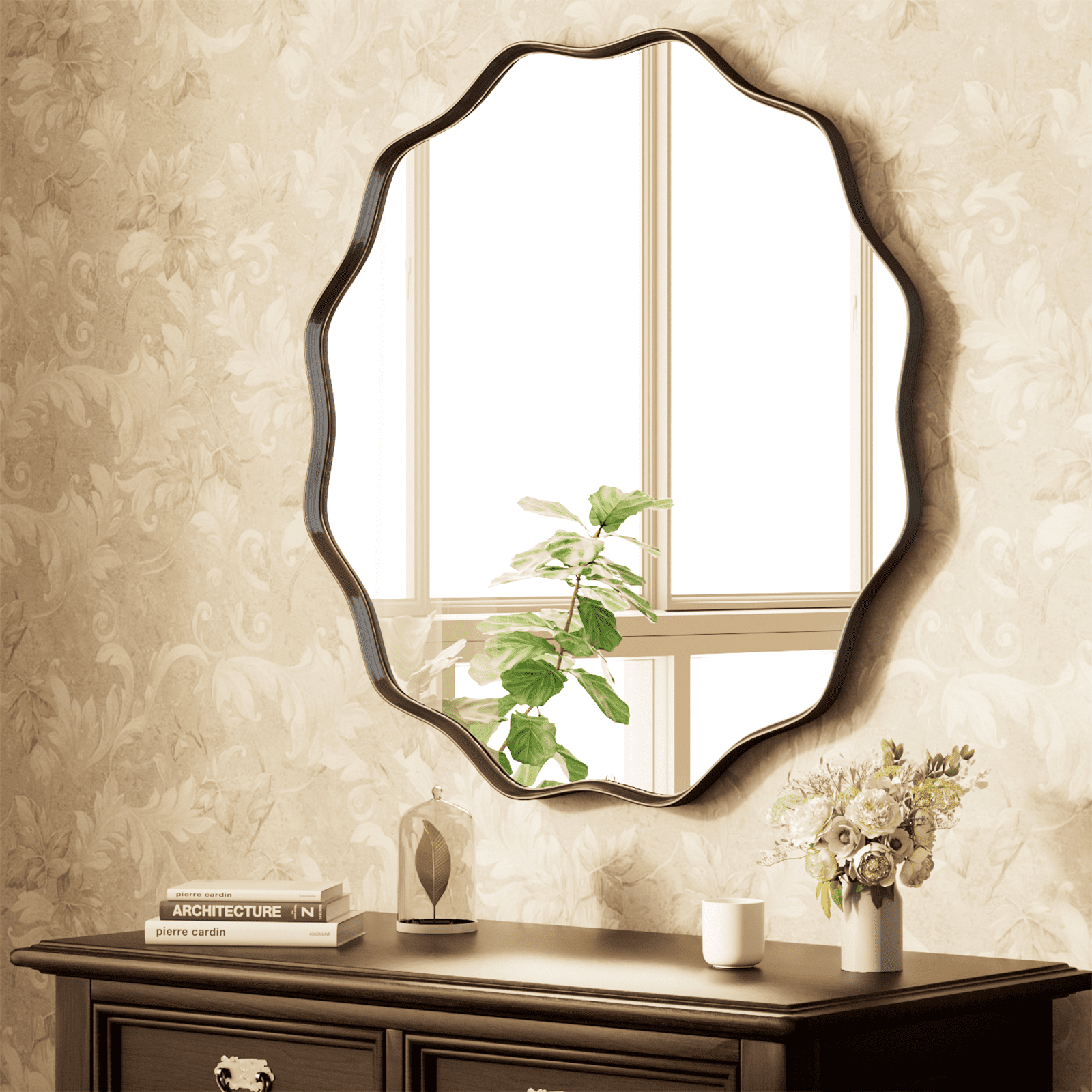 GRAHMCY 24" Wavy Round Bathroom Mirror Decorative Wall Mirror With Deep Frame, Black