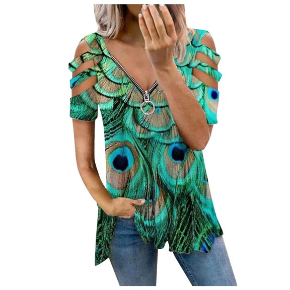 USSUMA Plus Womens Tops Dressy Casual Sexy Strappy Cold Shoulder Pleated Flowy V Neck Women's Tunics Colorful Print Basic Tee T Shirts for Women Short Sleeve Summer Blouses Trendy