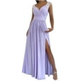 thumbnail image 2 of Yuwull Womens 2023 Formal Dresses Wrap V-Neck Cocktail Dress for Women Ruched Side Split Bridesmaid Wedding Guest Maxi Dresses Purple Clearance, 2 of 7