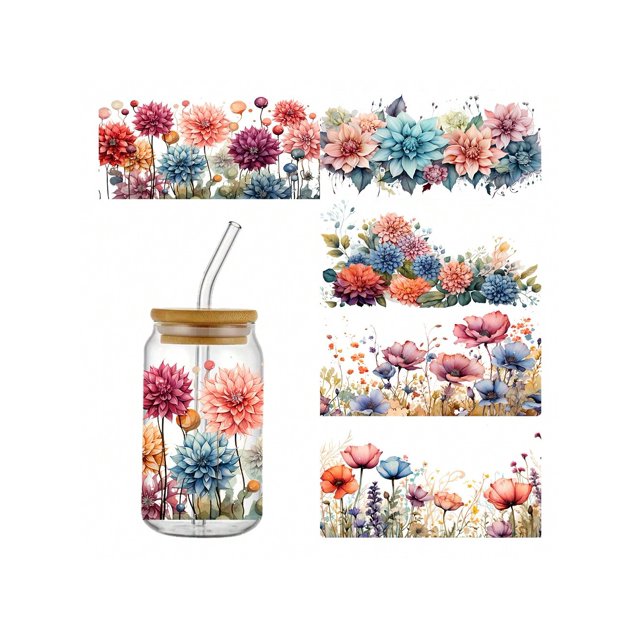5pcs/Set Beautiful Flowers UV DTF Transfer Sticker Libbey Glass Cups Diy Wrap Transfer Sticker For 16oz Glass Cup Waterproof Sticker Bottle Sticker Ad