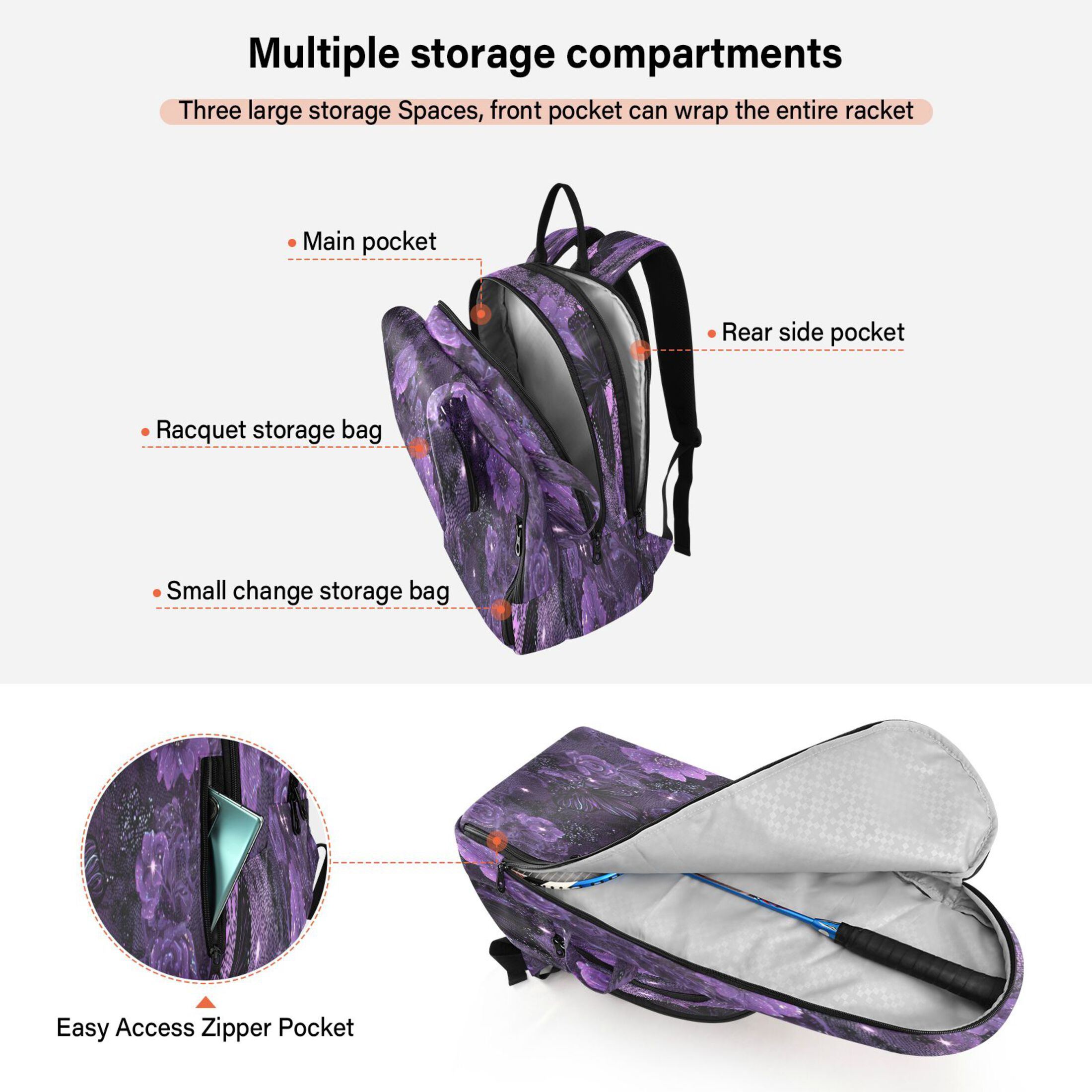 2 Racquet Holder Tennis Backpack Tennis Racket Covers Gym Bags Gorgeous Pink Flowers and Butterflies