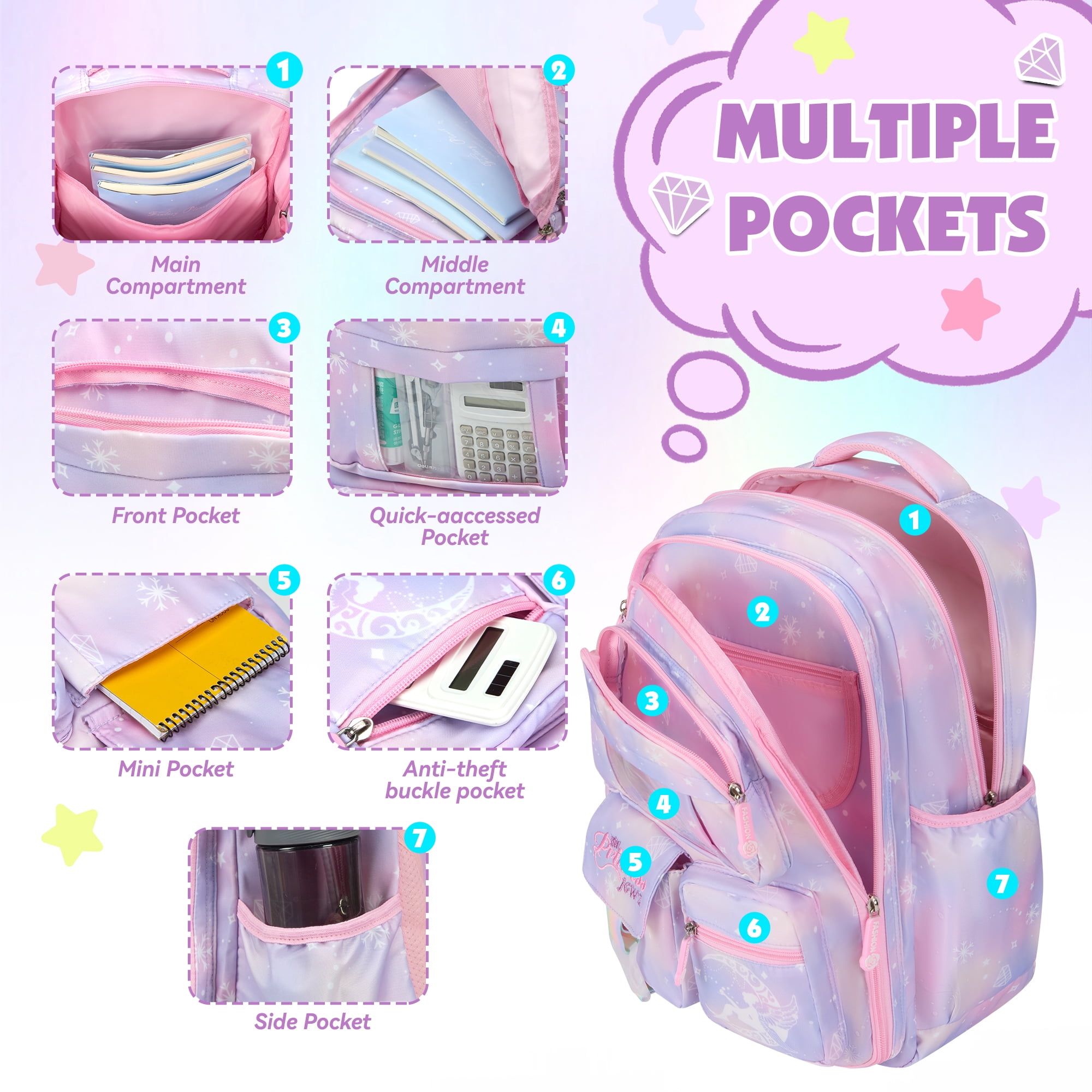 DAKIMOE School Backpack Book Bags Primary Middle School Bags for Kids Girls Teens Back to School Large Bookbags with Multi Pocket for 7-14 Years Purple