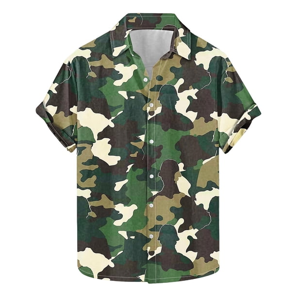 Camuflaje de los Hombres Impresa Camisa de Solapa, Moda de Manga Corta con Tejido Elástico para la Playa Casual Y el Uso de la Fiesta, Blusa Elástica Suave