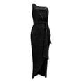 thumbnail image 5 of Prolriy Wedding Guest Dresses for Women Ladies One Shoulder Tie Waist Slit Pleated Sequin Gown Dress Party Dresses for Women 2024 Formal Dress Black M, 5 of 6