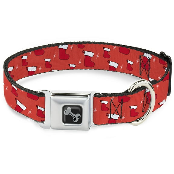 Buckle-Down Pet Collar, Dog Collar Metal Seatbelt Buckle, Holiday Christmas Stocking and Star Red White, 9.5 to 13 Inches 1.0 Inch Wide