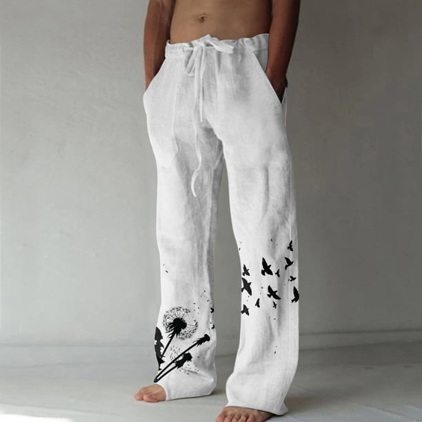 Pantalones largos de verano para hombre, de algodón y lino, con pierna ancha, estampados, con cordones, para deportes y vacaciones