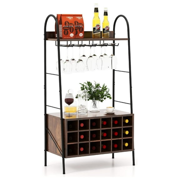 Gexandy Wine Rack Freestanding Floor, Industrial Wine Bar Rack with Removable 18-Bottle Wine Rack, Stemware Holder for 15 Glasses, 2 Open Shelves, Wine Holder Stand for Kitchen, Dining Room, Bar