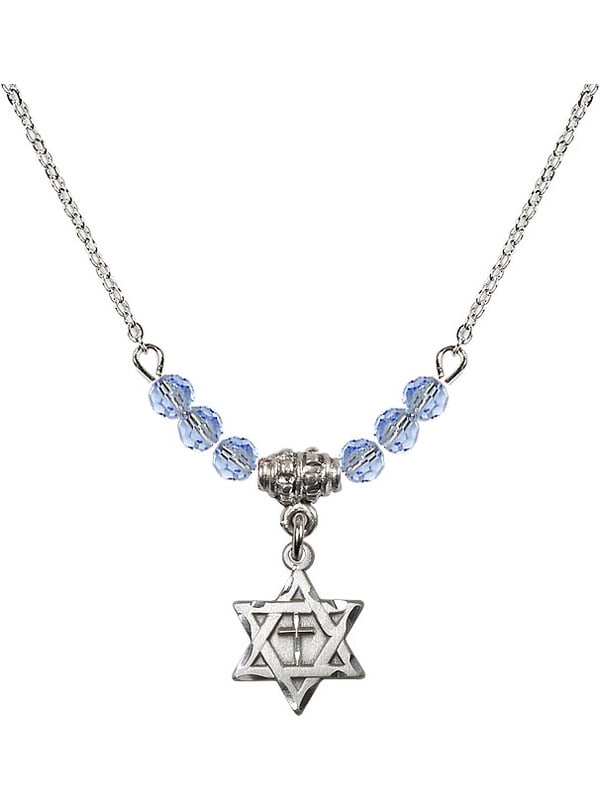 Bonyak Jewelry 18 Inch Rhodium Plated Necklace w// 4mm Light Blue September Birth Month Stone Beads and Holy Spirit Charm