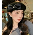 thumbnail image 3 of Women Beret Hat Trendy Bow Pearl Woven Beret Summer Hollow Out Hat Slouchy Crochet French Artist Cap Floral Beanie Hat, 3 of 4