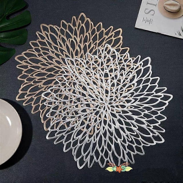 Set of 4 Gold and Silver Metallic Round Placemats Laminated Vinyl Foil Dining Table Decoration