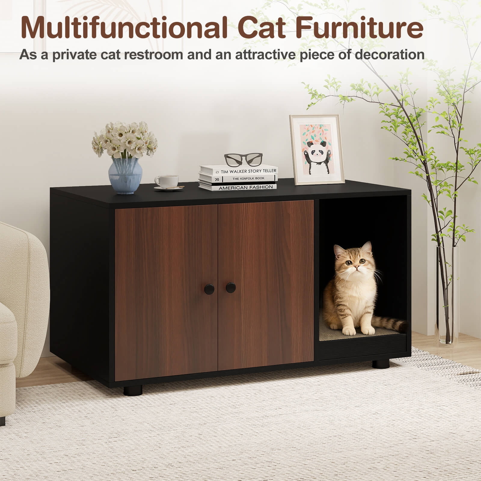Costway Wooden Cat Litter Box Enclosure, Hidden Litter Box Furniture with Scratching Board Black