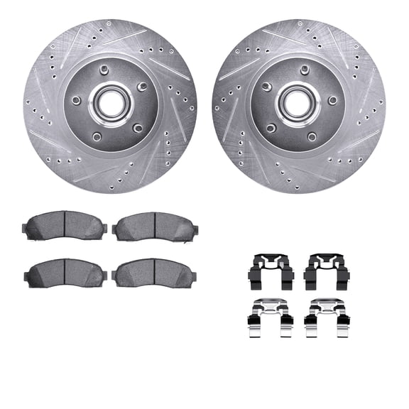 Dynamic Friction Company Front Brake Rotors-Drilled and Slotted-Silver with Heavy Duty Brake Pads includes Hardware 7212-99165